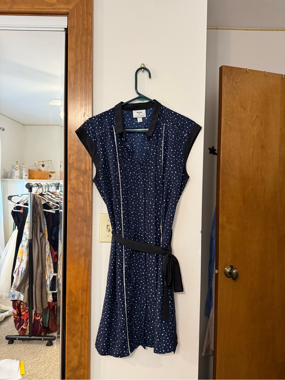 Jason Wu Navy and White Polka Dot Midi Dress with Black Tie